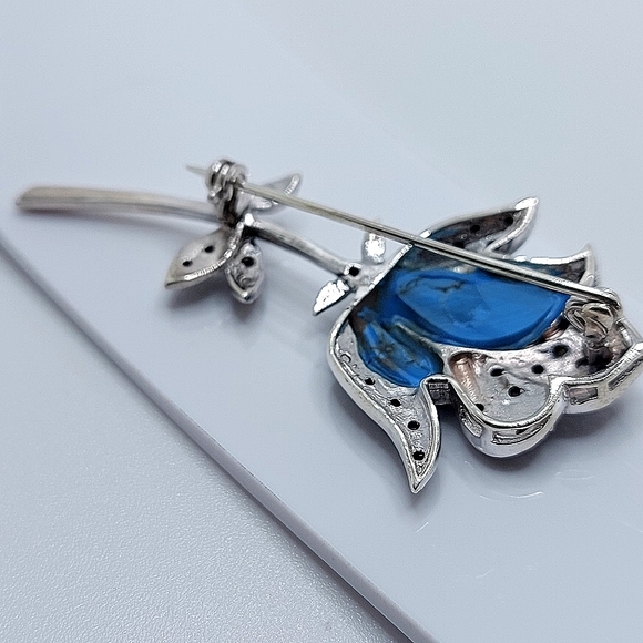 Stabilized Natural Blue Turquoise & Marcasite 925 Sterling Silver Rose‎ Brooch - Picture 7 of 10